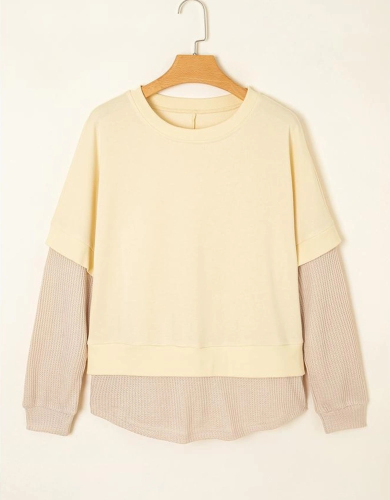Apricot 2 in 1 Faux Two Piece Patchwork Round Neck Sweatshirt