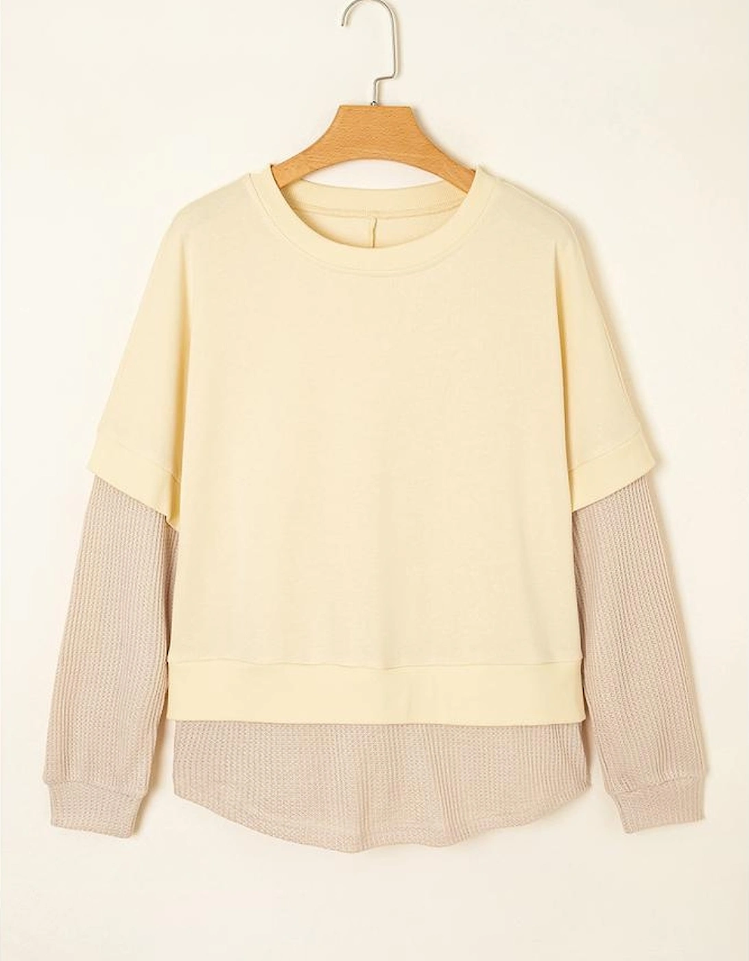 Apricot 2 in 1 Faux Two Piece Patchwork Round Neck Sweatshirt