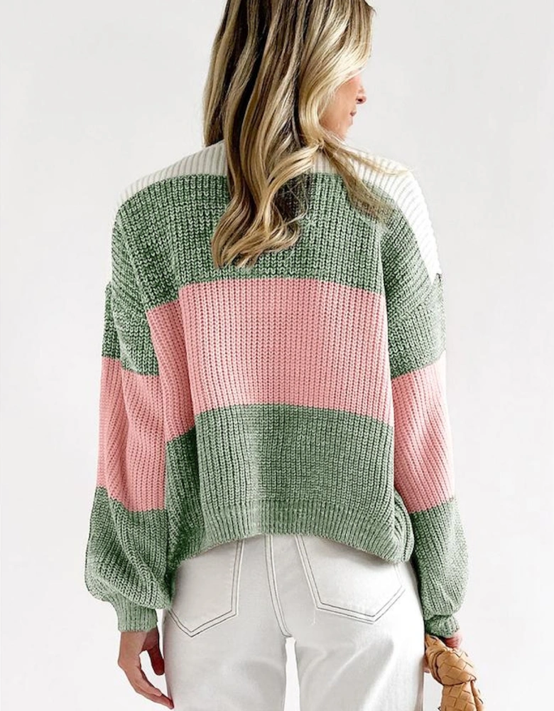 Green Colorblock Drop Shoulder Pullover Loose Sweater