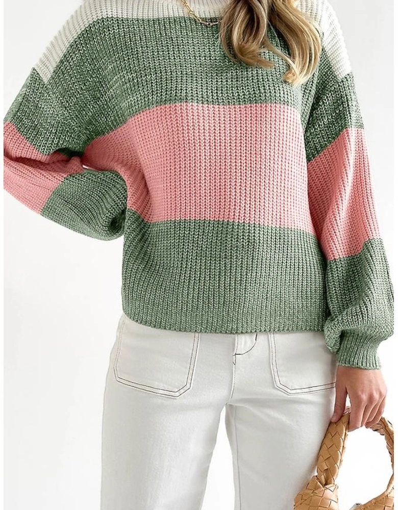 Green Colorblock Drop Shoulder Pullover Loose Sweater