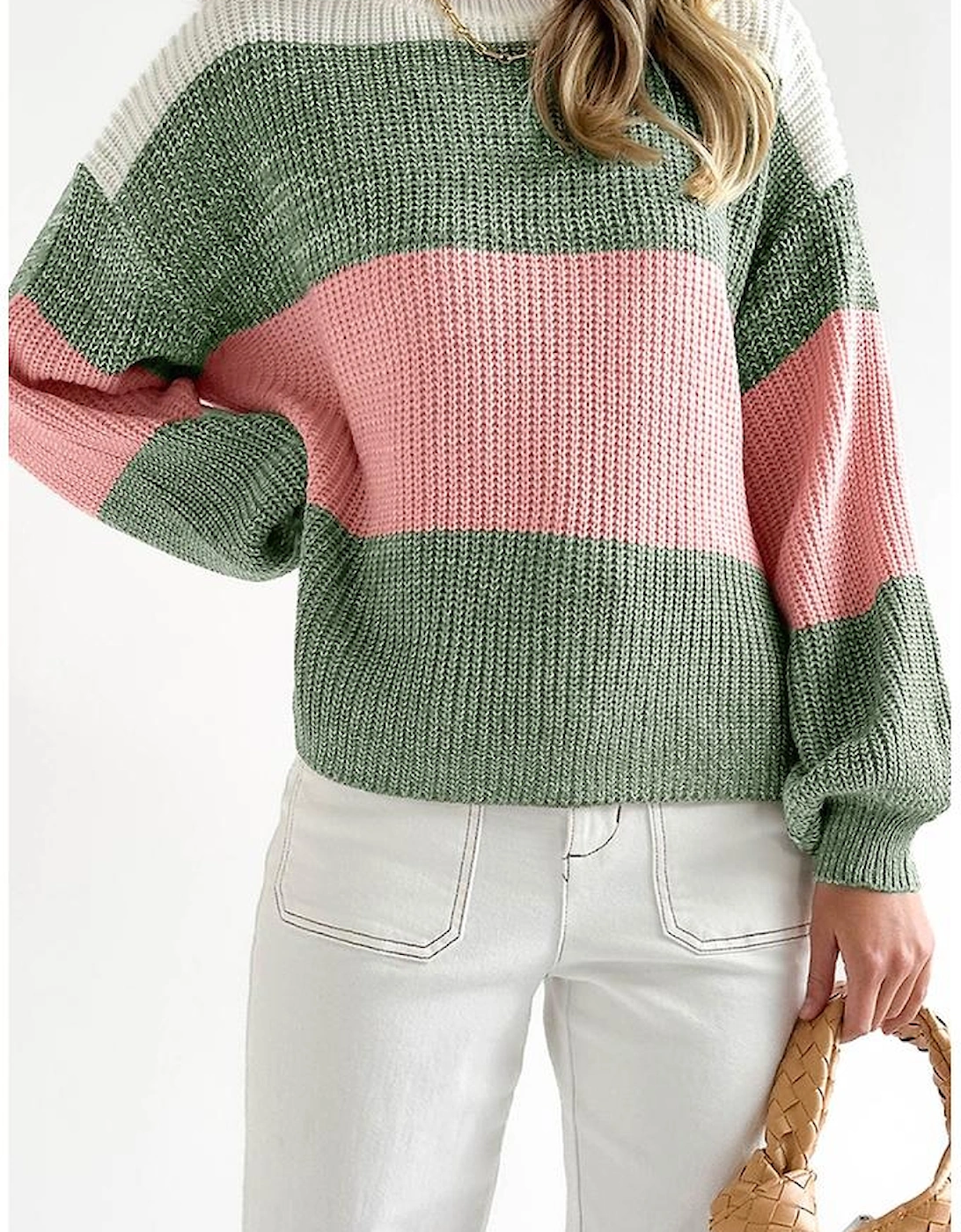 Green Colorblock Drop Shoulder Pullover Loose Sweater