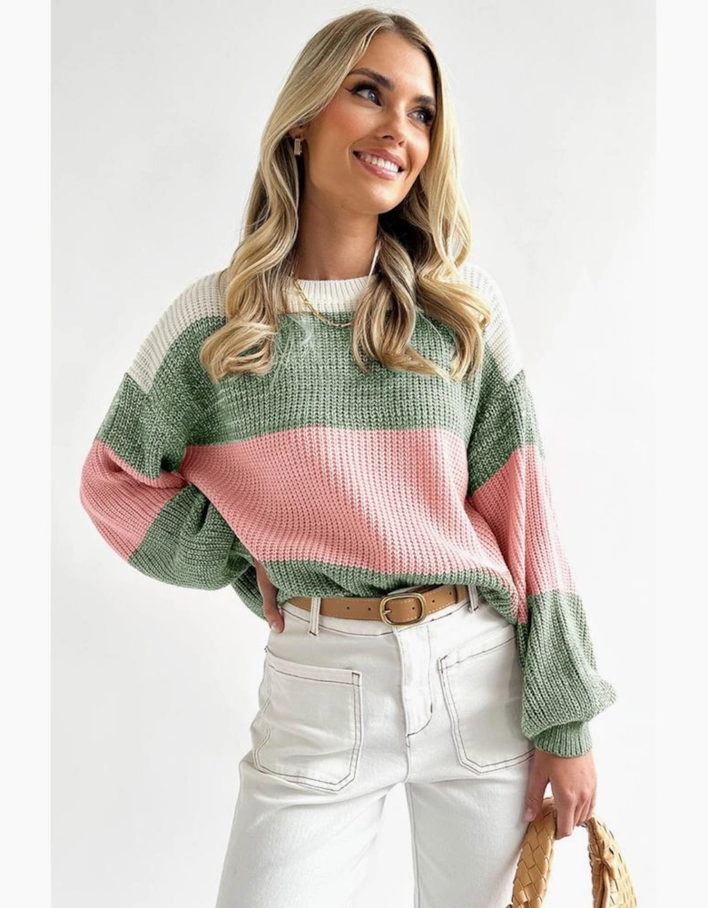 Green Colorblock Drop Shoulder Pullover Loose Sweater