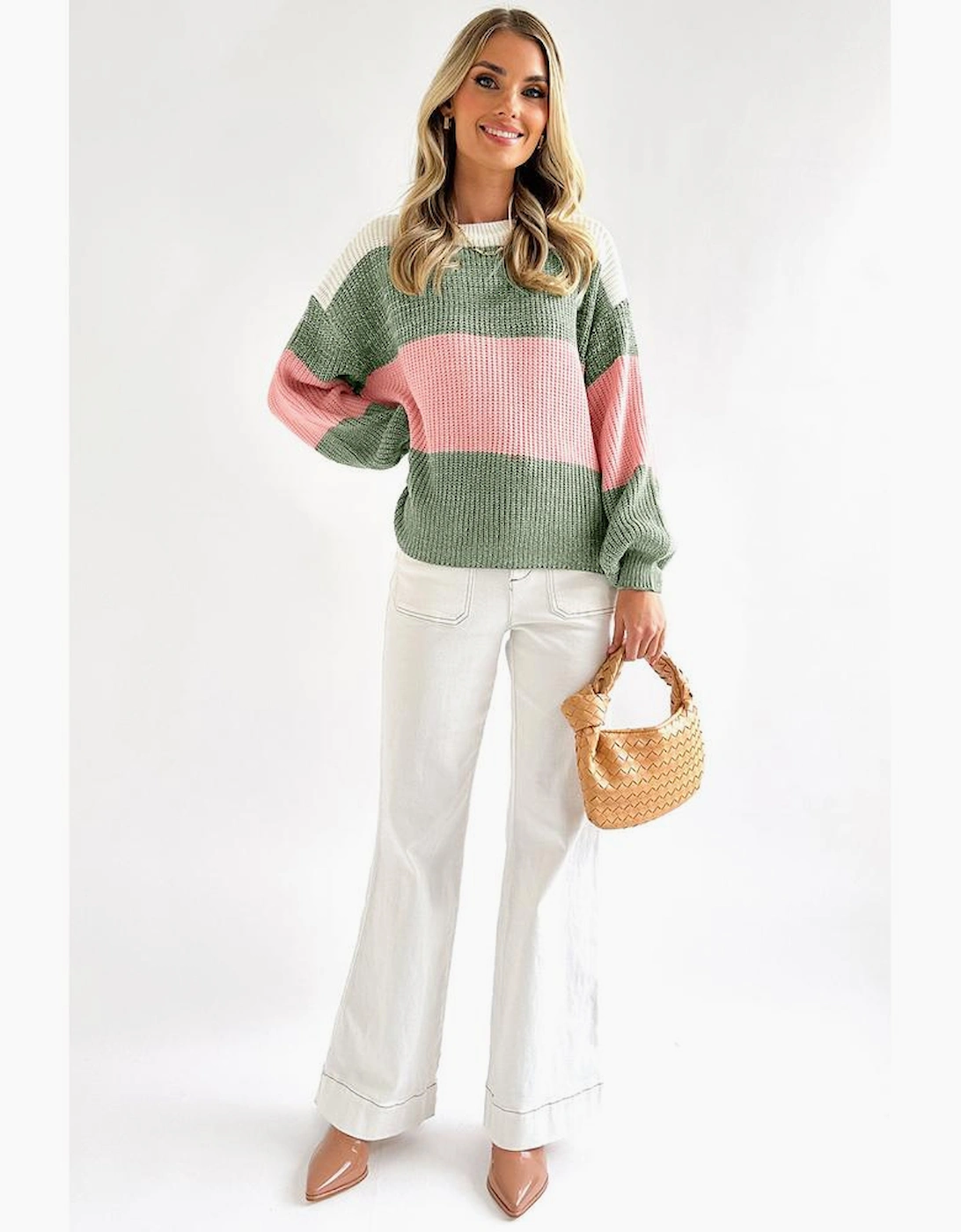 Green Colorblock Drop Shoulder Pullover Loose Sweater