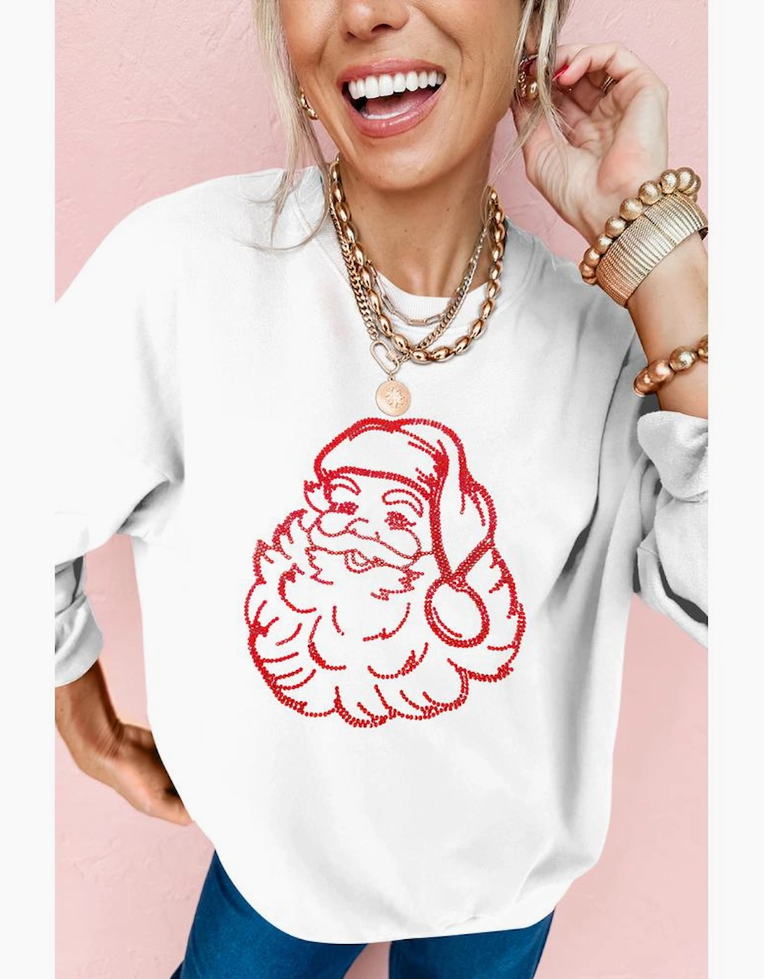 White Father Christmas Rhinestone Graphic Drop Shoulder Sweatshirt, 9 of 8