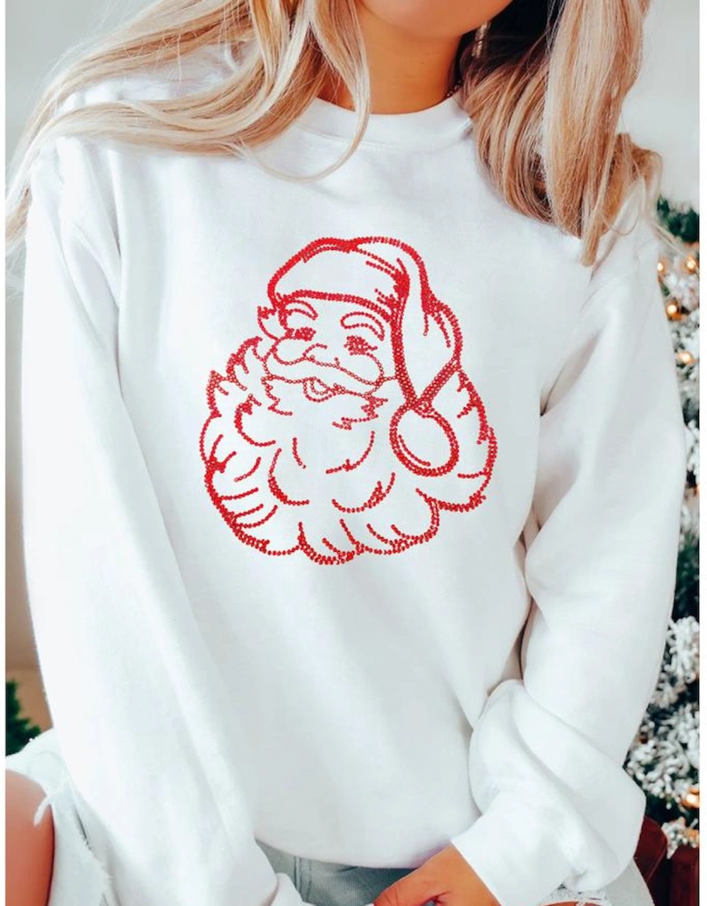 White Father Christmas Rhinestone Graphic Drop Shoulder Sweatshirt