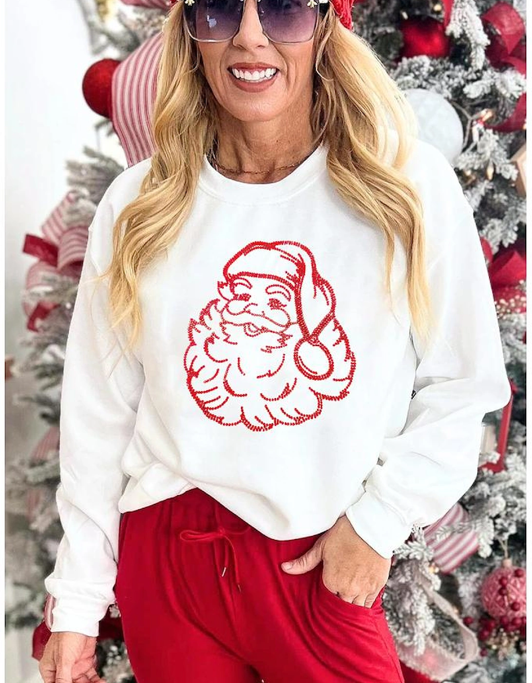 White Father Christmas Rhinestone Graphic Drop Shoulder Sweatshirt