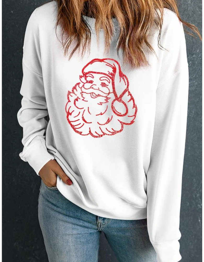 White Father Christmas Rhinestone Graphic Drop Shoulder Sweatshirt