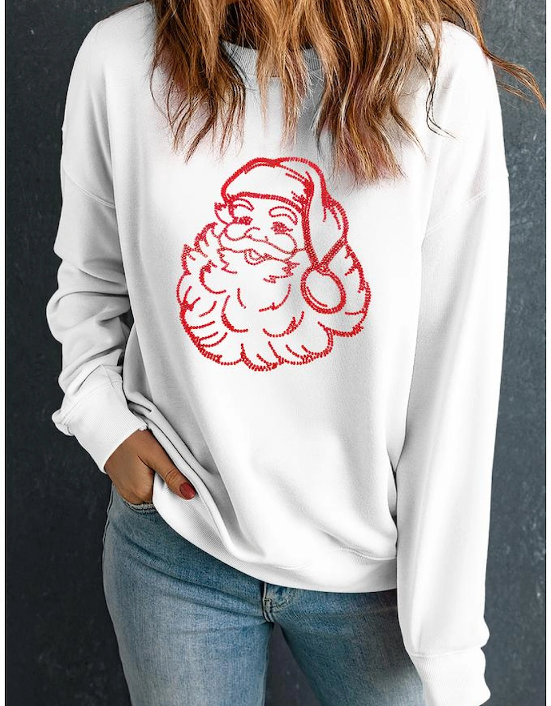 White Father Christmas Rhinestone Graphic Drop Shoulder Sweatshirt