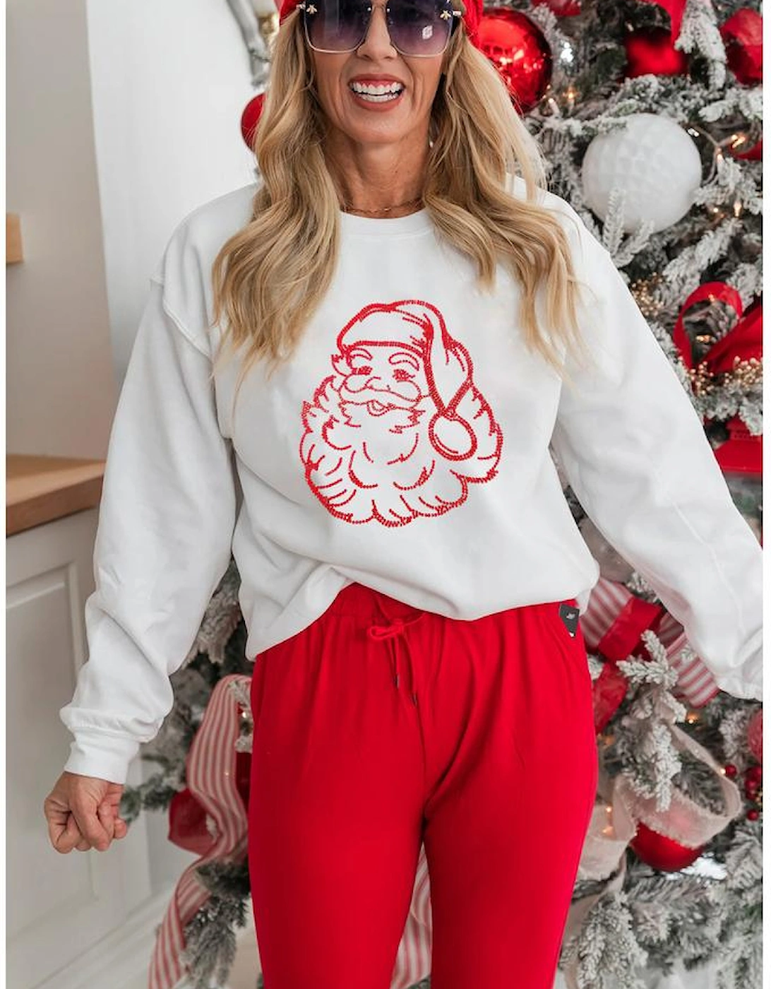 White Father Christmas Rhinestone Graphic Drop Shoulder Sweatshirt