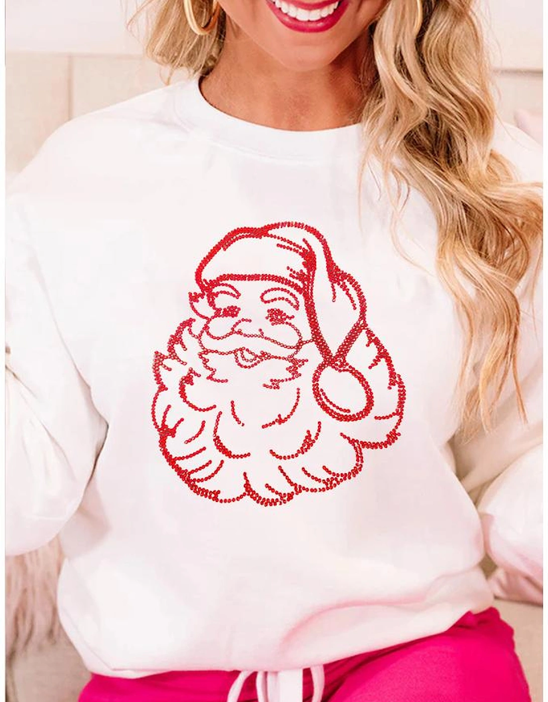 White Father Christmas Rhinestone Graphic Drop Shoulder Sweatshirt