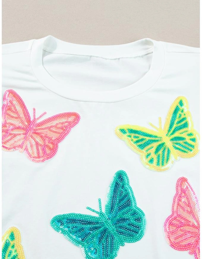 White Colorful Sequin Butterfly Puff Sleeve Top Shorts Set