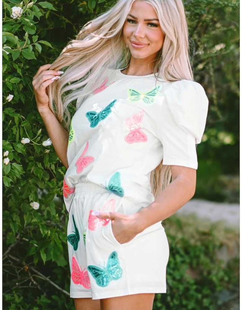 White Colorful Sequin Butterfly Puff Sleeve Top Shorts Set