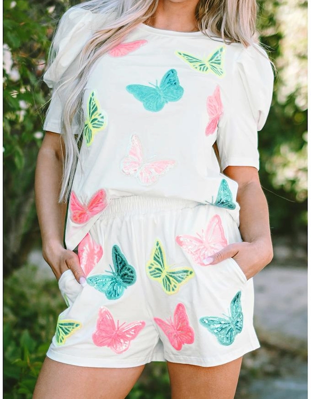 White Colorful Sequin Butterfly Puff Sleeve Top Shorts Set