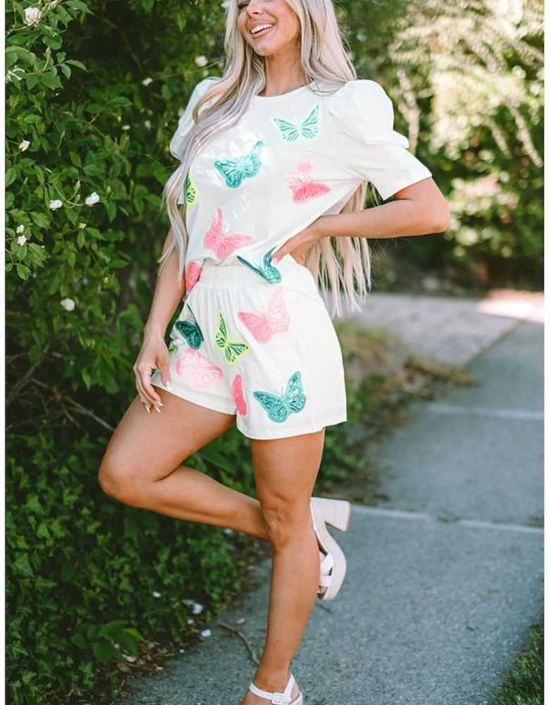 White Colorful Sequin Butterfly Puff Sleeve Top Shorts Set