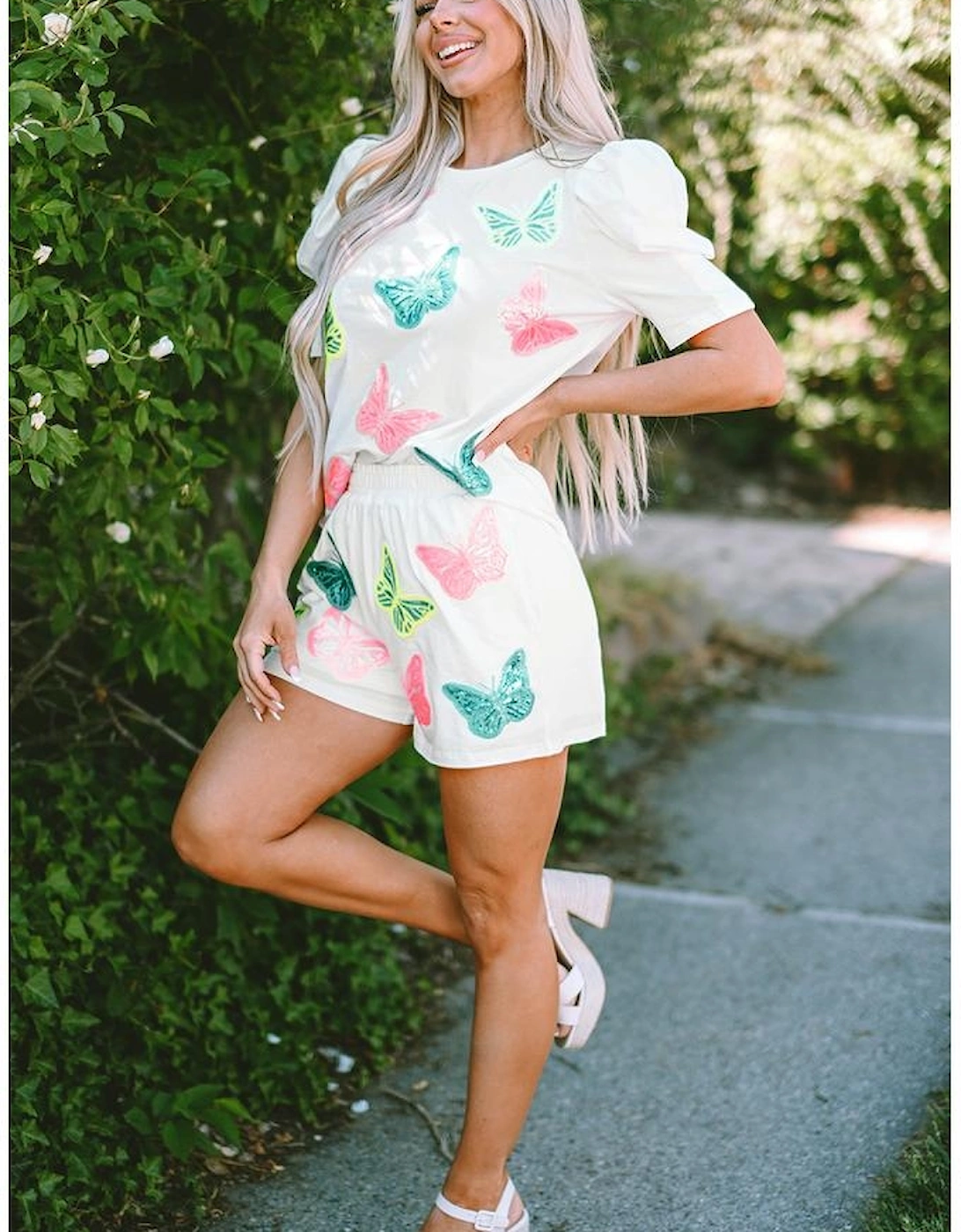 White Colorful Sequin Butterfly Puff Sleeve Top Shorts Set