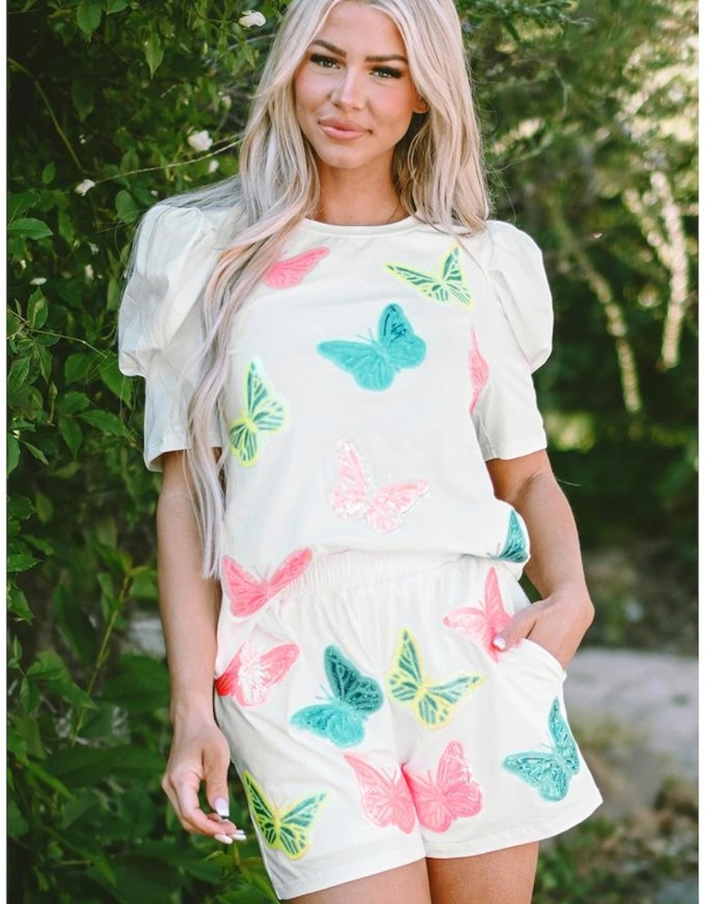 White Colorful Sequin Butterfly Puff Sleeve Top Shorts Set