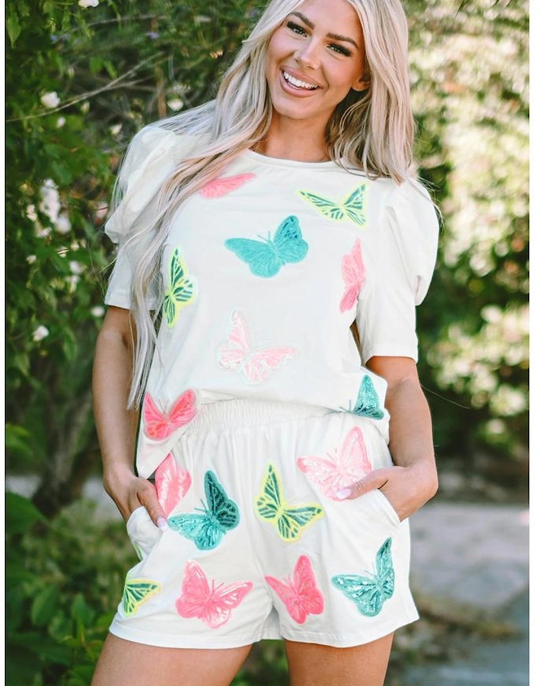 White Colorful Sequin Butterfly Puff Sleeve Top Shorts Set