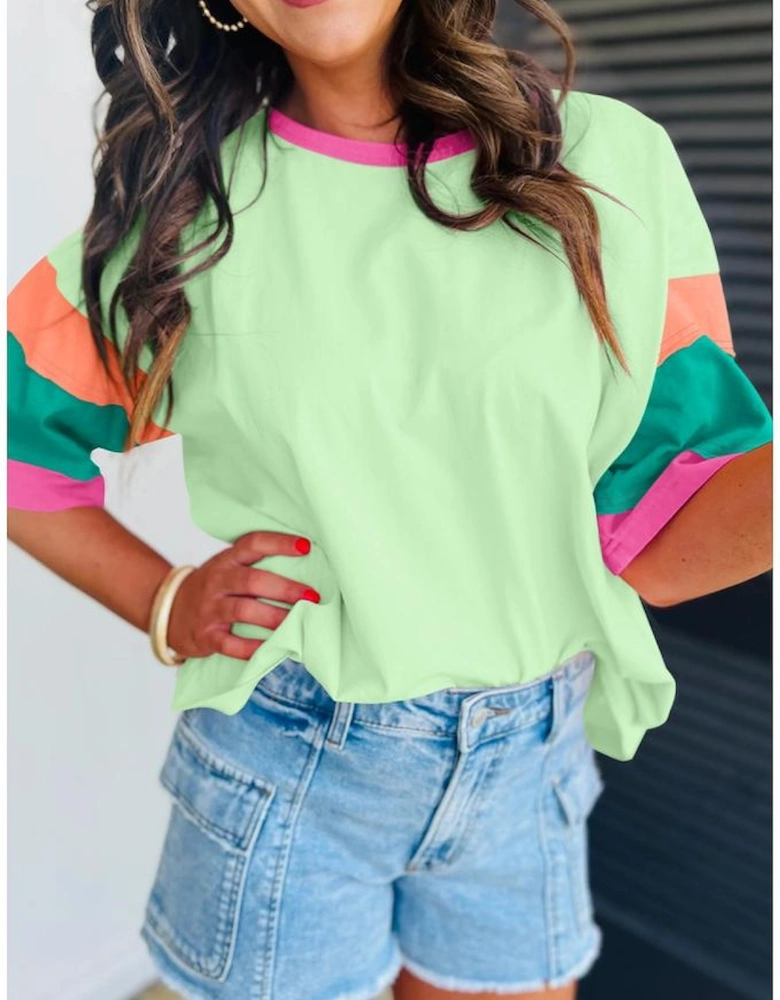 Green Color Block Stitching Sleeve Round Neck Oversize Top