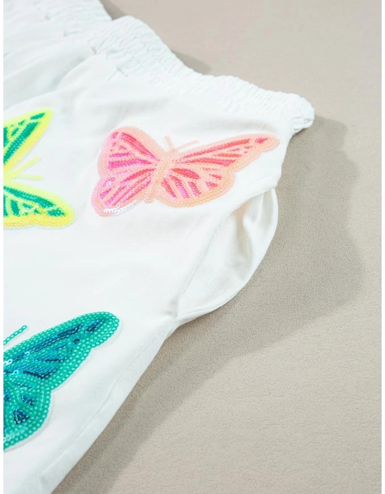 White Colorful Sequin Butterfly Puff Sleeve Top Shorts Set
