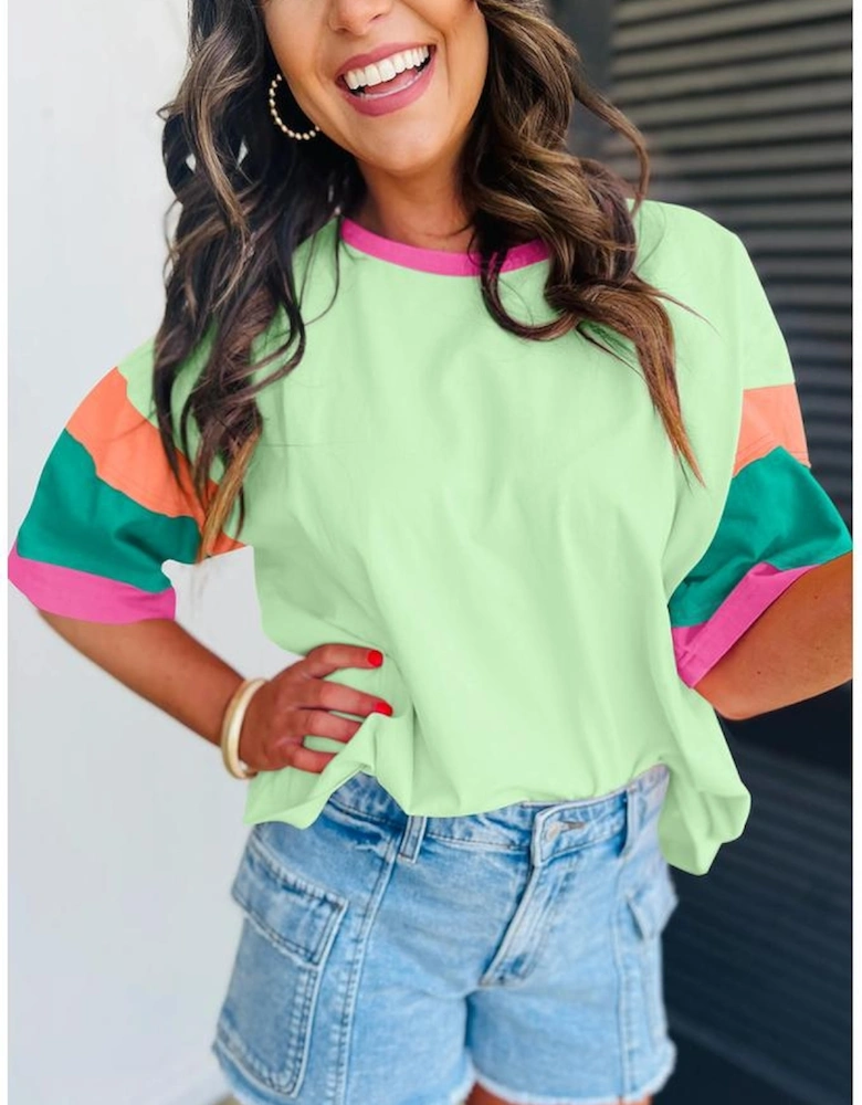 Green Color Block Stitching Sleeve Round Neck Oversize Top
