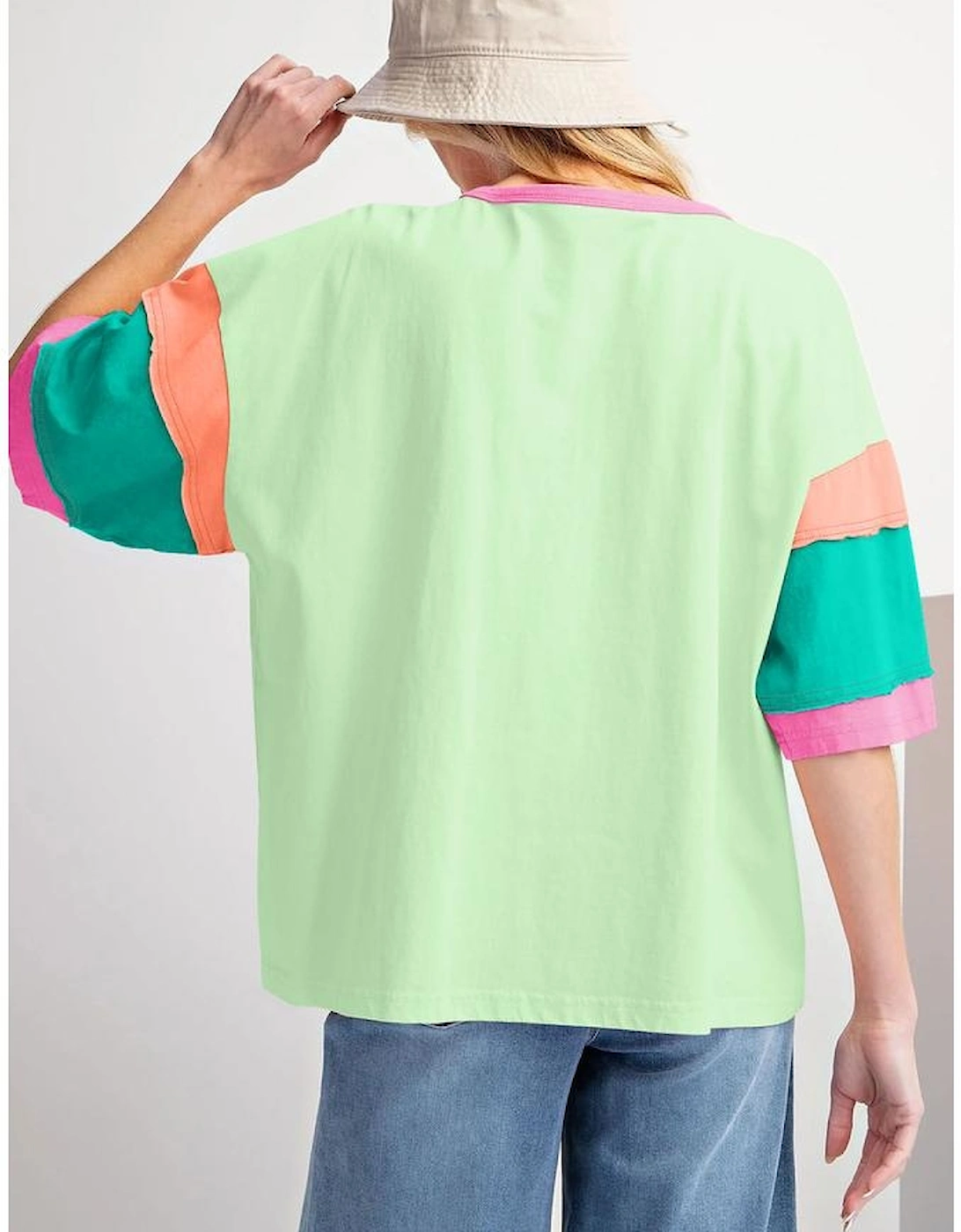 Green Color Block Stitching Sleeve Round Neck Oversize Top