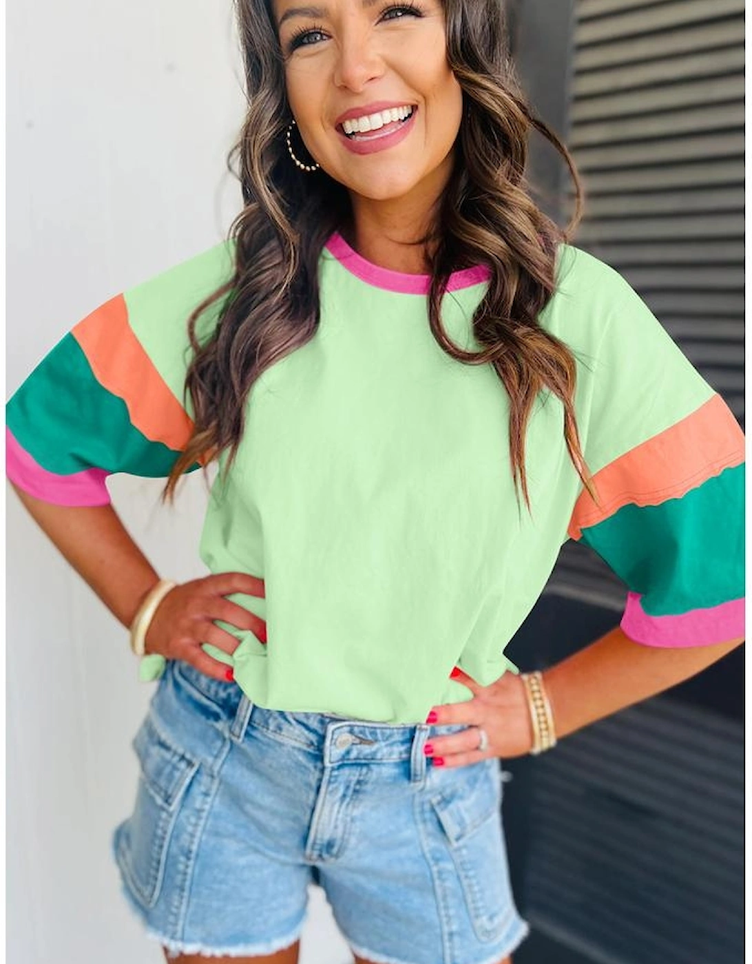 Green Color Block Stitching Sleeve Round Neck Oversize Top