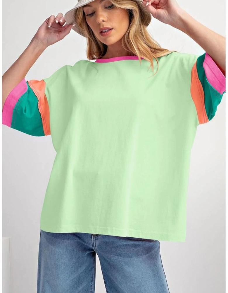 Green Color Block Stitching Sleeve Round Neck Oversize Top