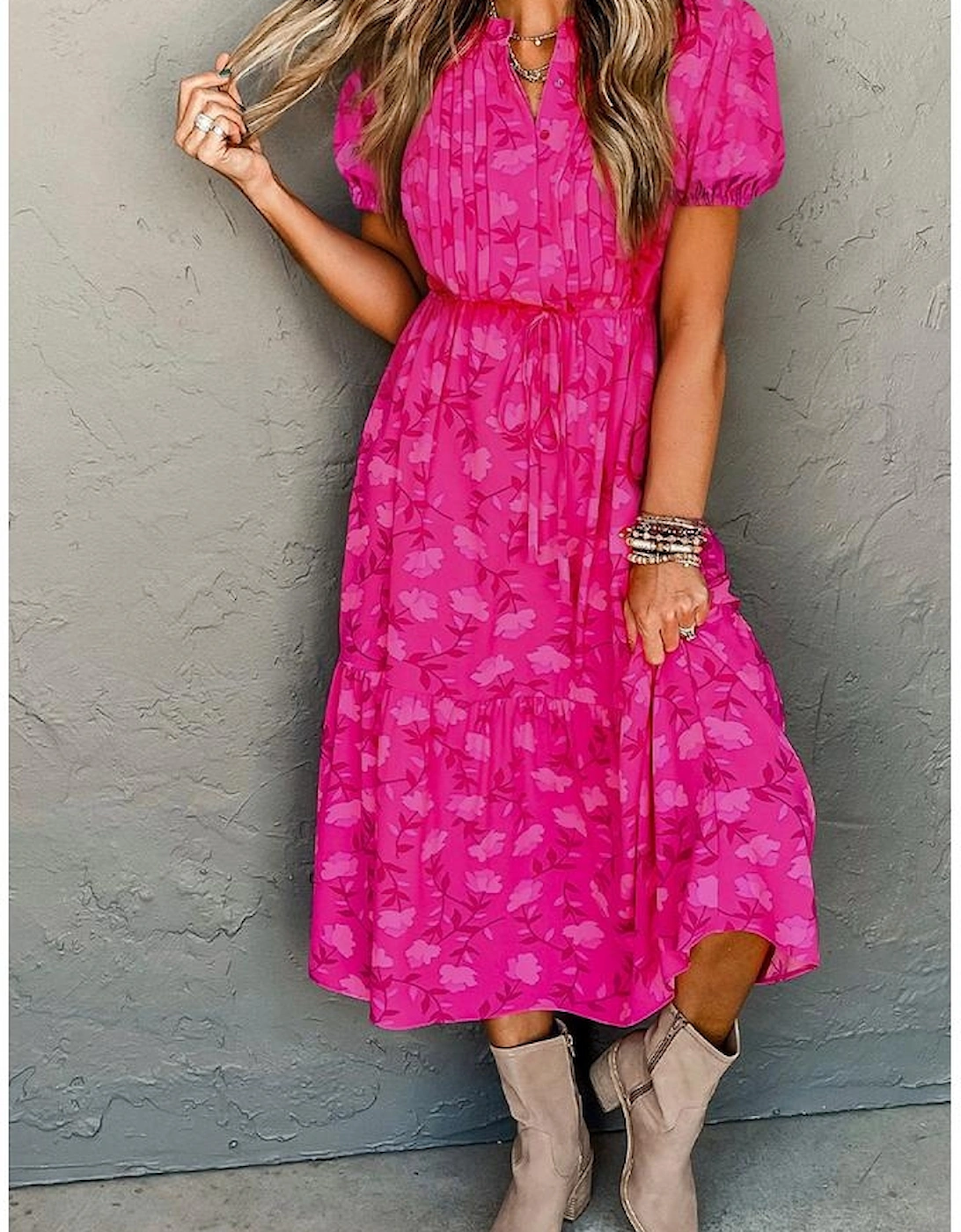 Rose Red Floral Print Pleated Drawstring Flowy Midi Dress