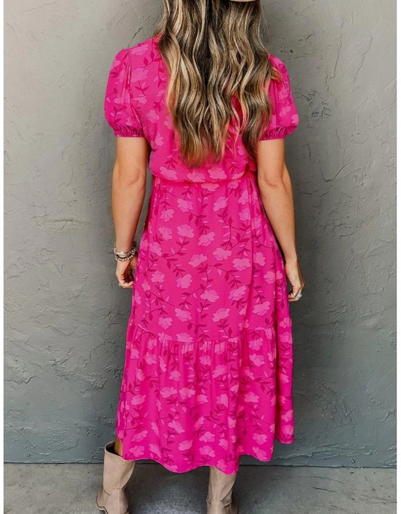 Rose Red Floral Print Pleated Drawstring Flowy Midi Dress