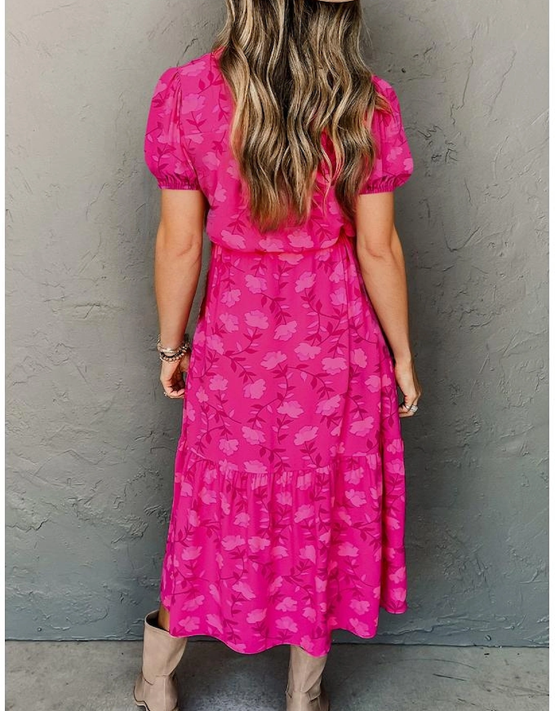 Rose Red Floral Print Pleated Drawstring Flowy Midi Dress