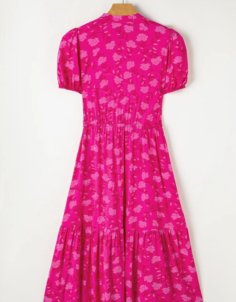 Rose Red Floral Print Pleated Drawstring Flowy Midi Dress