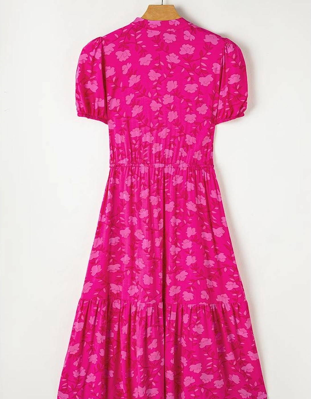 Rose Red Floral Print Pleated Drawstring Flowy Midi Dress