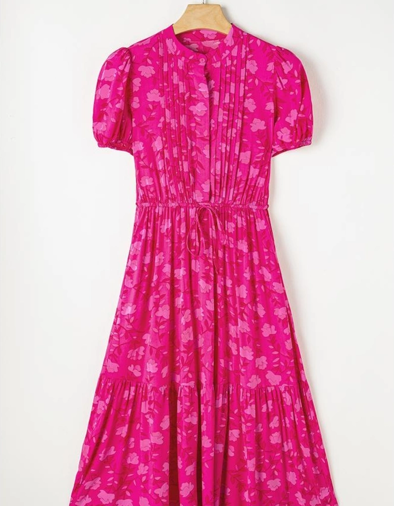 Rose Red Floral Print Pleated Drawstring Flowy Midi Dress