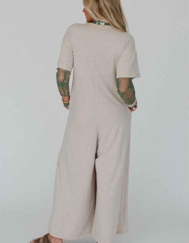 Beige Half Placket Chest Pockets Short Sleeve Wide Leg Jumpsuit