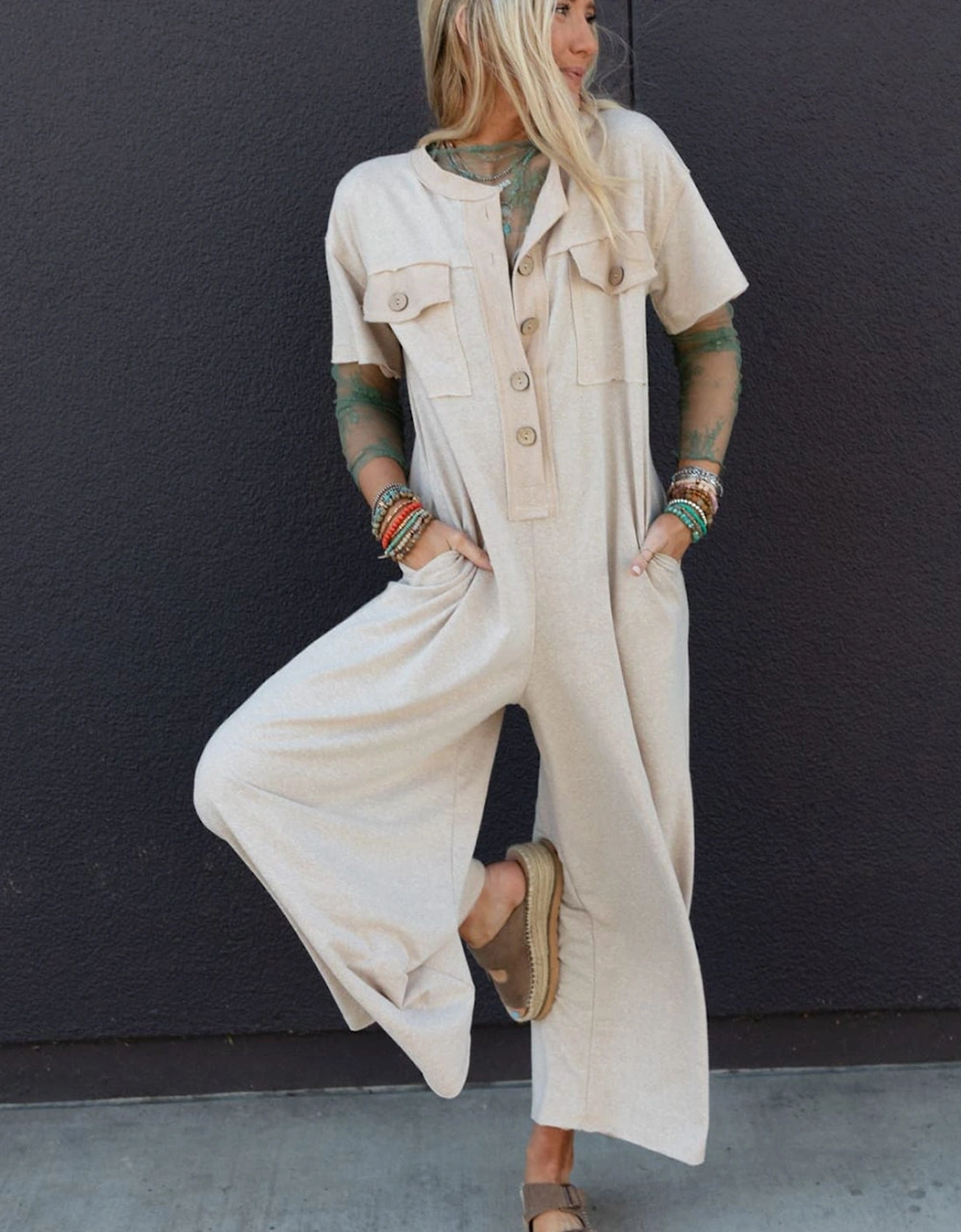 Beige Half Placket Chest Pockets Short Sleeve Wide Leg Jumpsuit