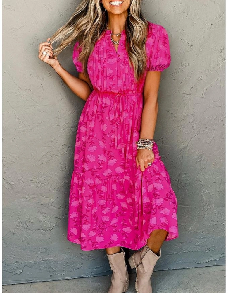 Rose Red Floral Print Pleated Drawstring Flowy Midi Dress