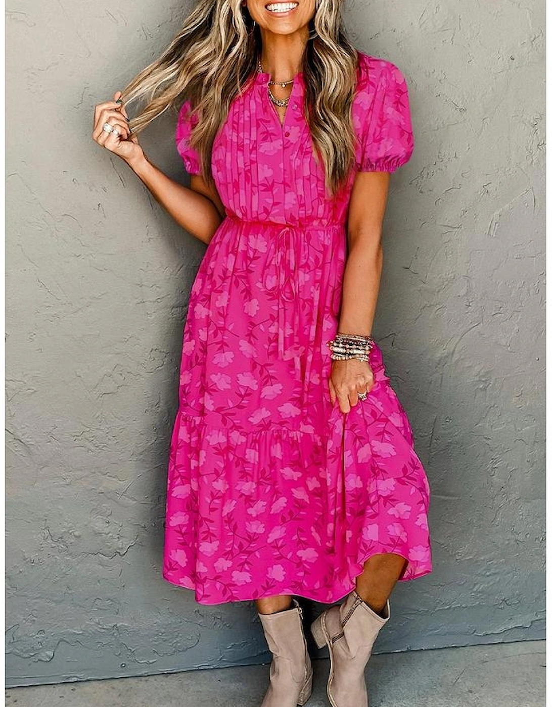 Rose Red Floral Print Pleated Drawstring Flowy Midi Dress