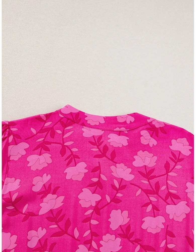 Rose Red Floral Print Pleated Drawstring Flowy Midi Dress