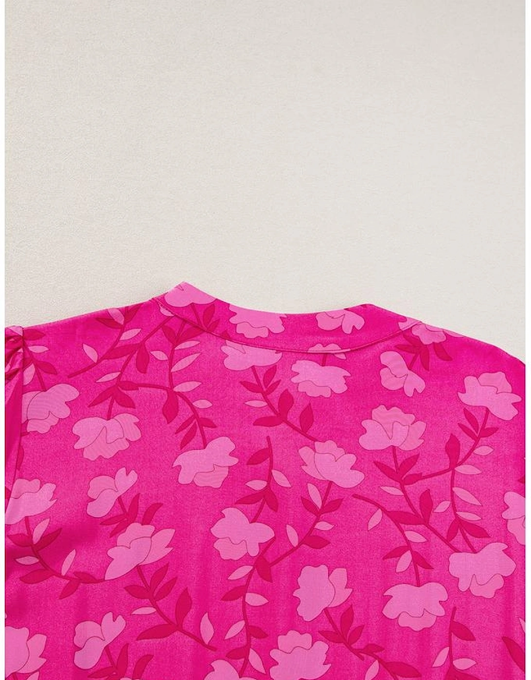 Rose Red Floral Print Pleated Drawstring Flowy Midi Dress