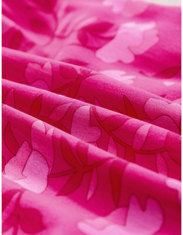 Rose Red Floral Print Pleated Drawstring Flowy Midi Dress