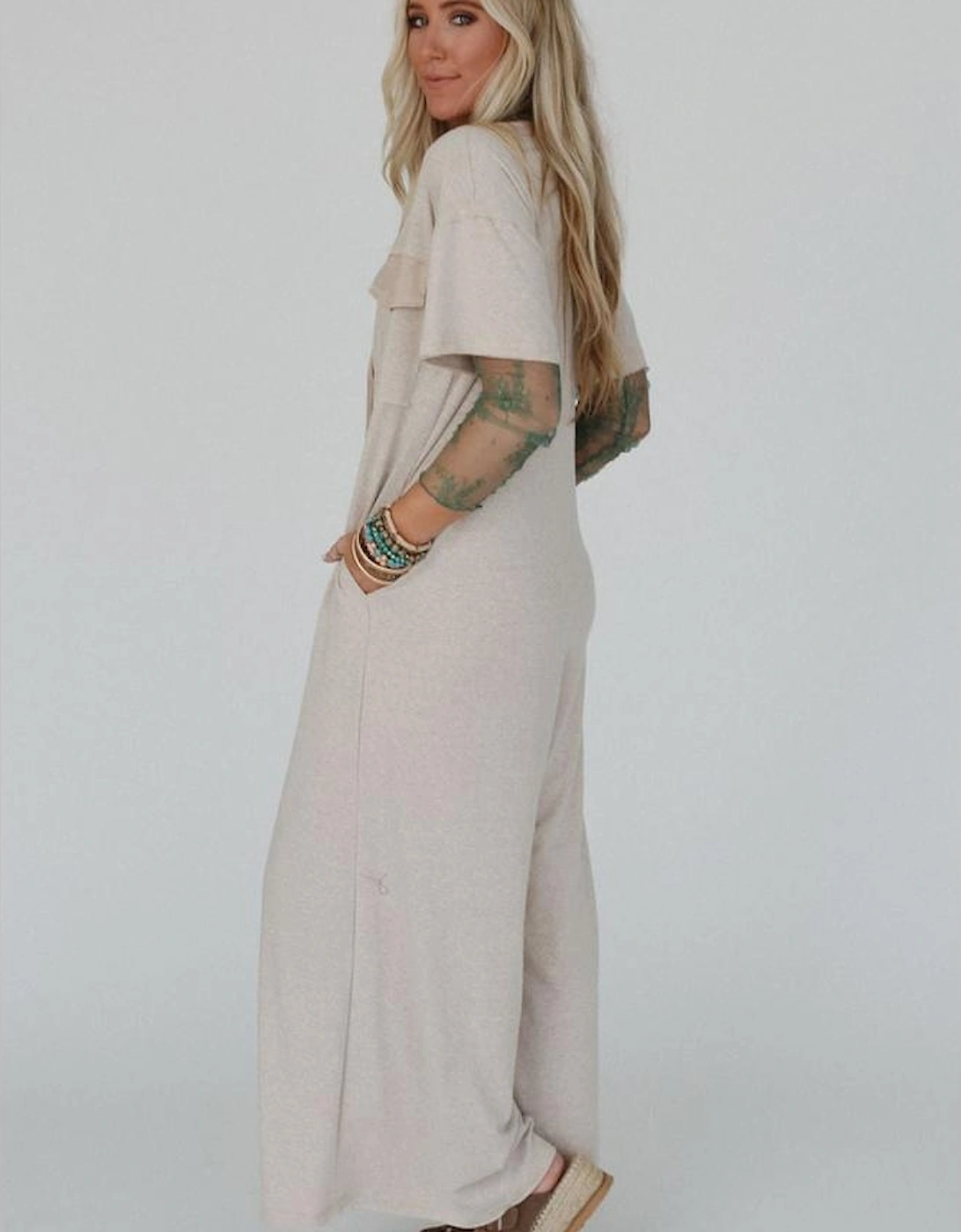 Beige Half Placket Chest Pockets Short Sleeve Wide Leg Jumpsuit