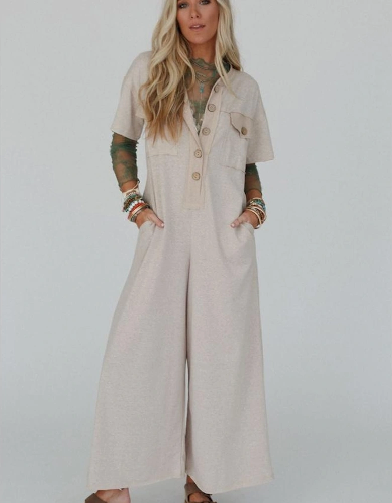 Beige Half Placket Chest Pockets Short Sleeve Wide Leg Jumpsuit