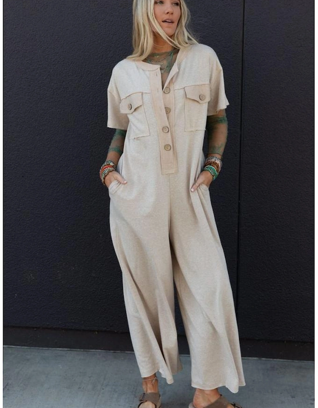 Beige Half Placket Chest Pockets Short Sleeve Wide Leg Jumpsuit