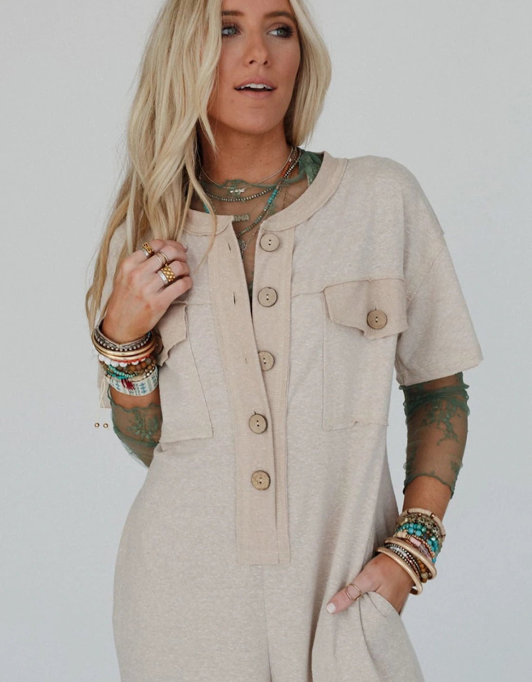 Beige Half Placket Chest Pockets Short Sleeve Wide Leg Jumpsuit