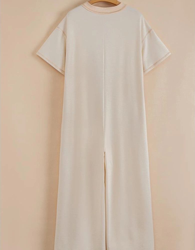 Beige Half Placket Chest Pockets Short Sleeve Wide Leg Jumpsuit