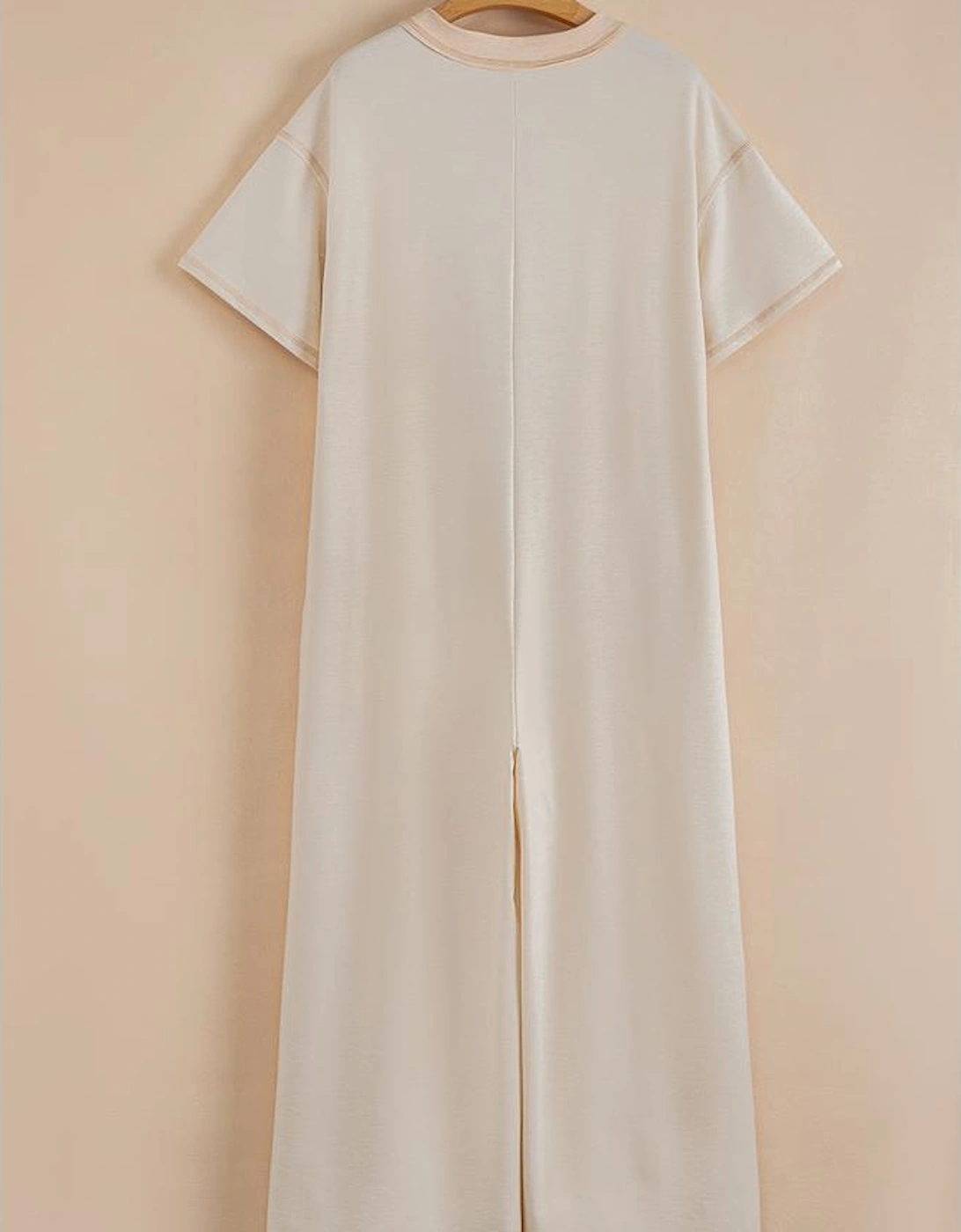 Beige Half Placket Chest Pockets Short Sleeve Wide Leg Jumpsuit