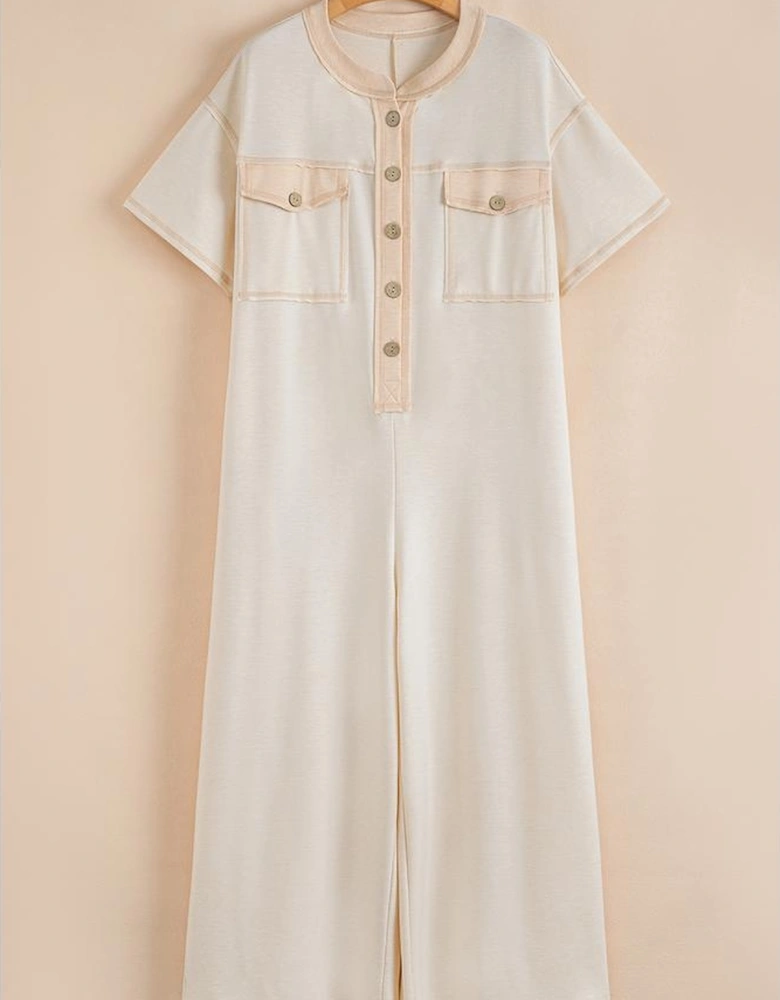 Beige Half Placket Chest Pockets Short Sleeve Wide Leg Jumpsuit