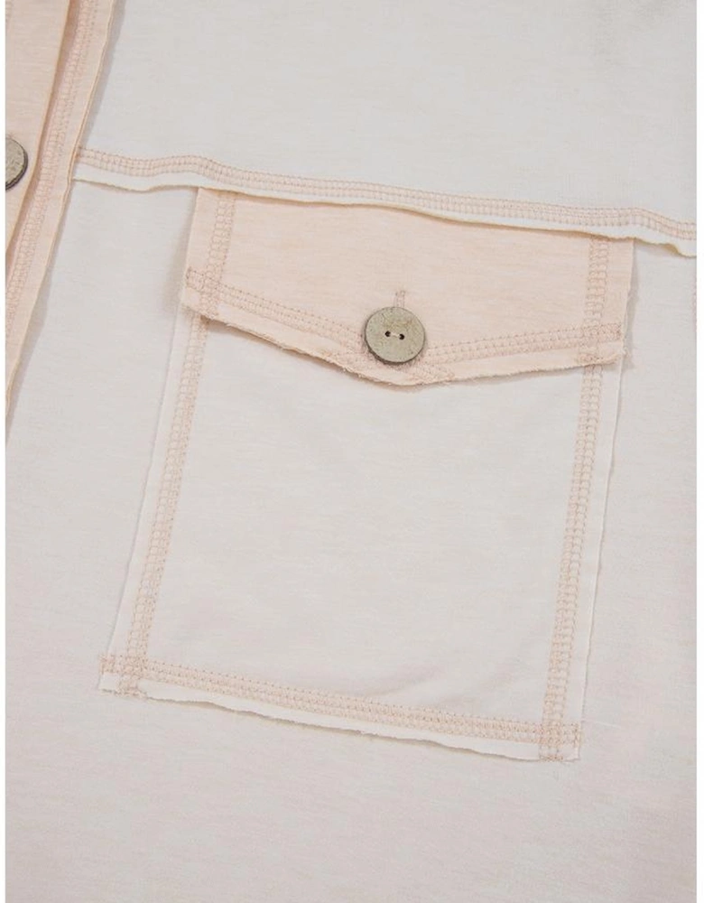 Beige Half Placket Chest Pockets Short Sleeve Wide Leg Jumpsuit