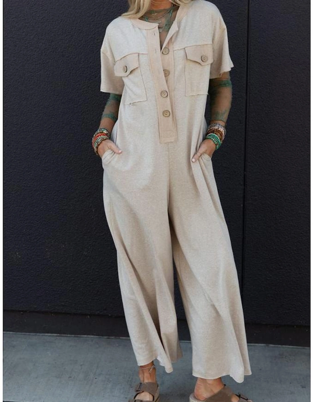 Beige Half Placket Chest Pockets Short Sleeve Wide Leg Jumpsuit