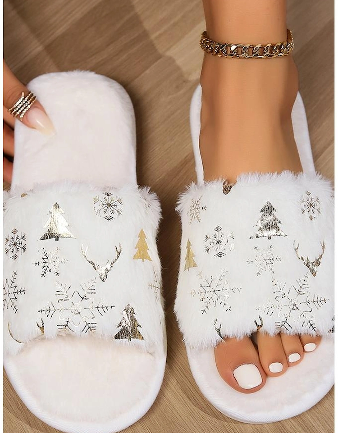 White Christmas Fashion Printed Open Toe Plush Slippers
